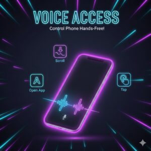 Voice Access interface showing voice command options on Android